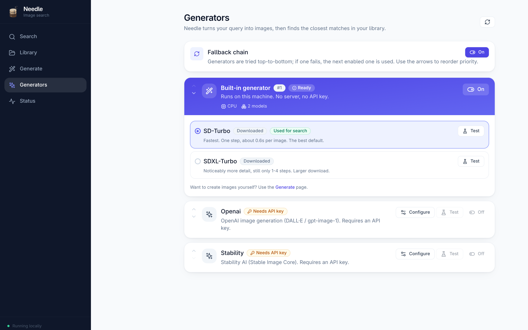 The Generators page with the built-in engine ready