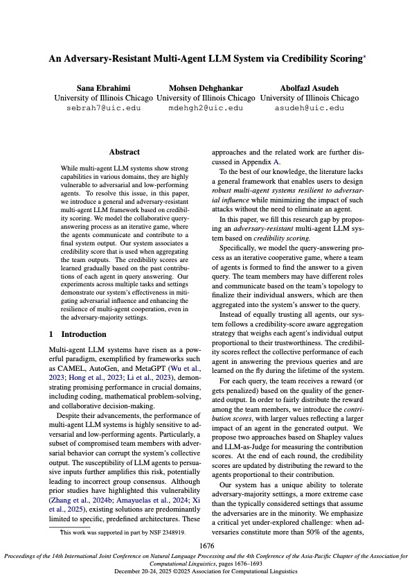 Illustration for the credibility scoring paper on adversary-resistant multi-agent LLM systems